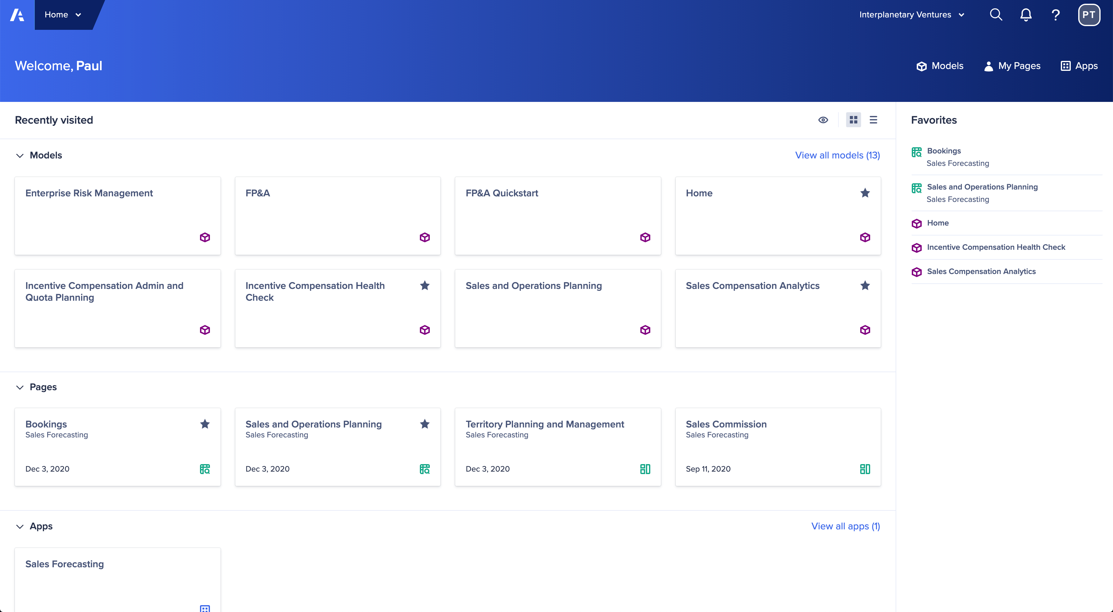 Anaplan Home showing links to models, pages, and apps. The Favorites panel displays on the right.