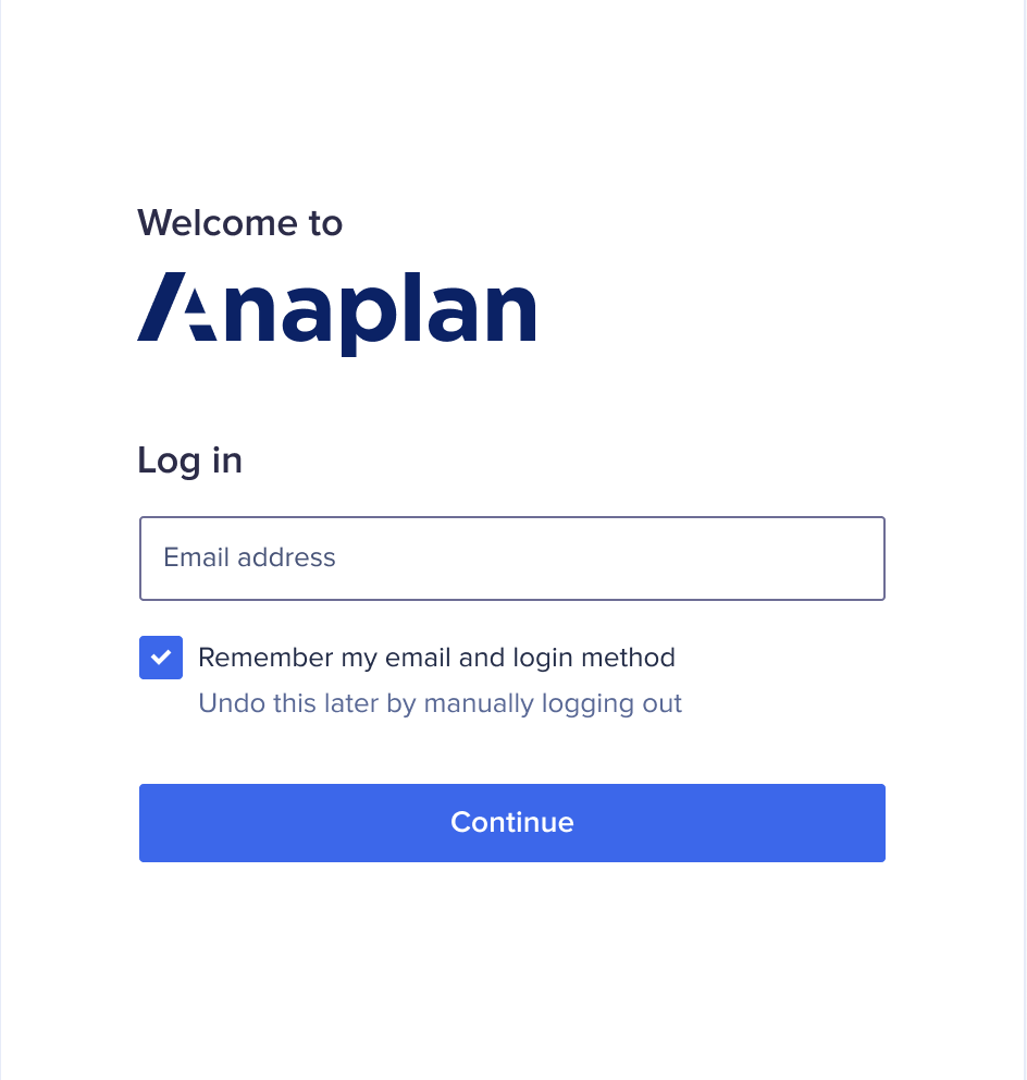 Anaplan アカウントのメール アドレスを入力するログイン画面。