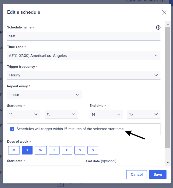 The menu to edit a Cloudworks integration schedule. There's an emphasis on the message that "schedules will trigger within 15 minutes of the selected start time."