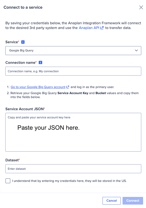Connect to service dialog for a Google BigQuery, new connection.