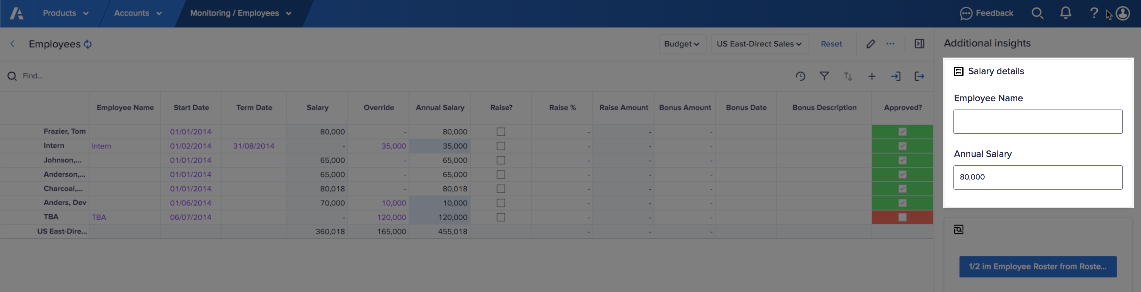 A worksheet displays with a grid and a field card. The grid is titled Employees. The field card is labeled Salary details and has fields for Employee Name and Annual Salary.