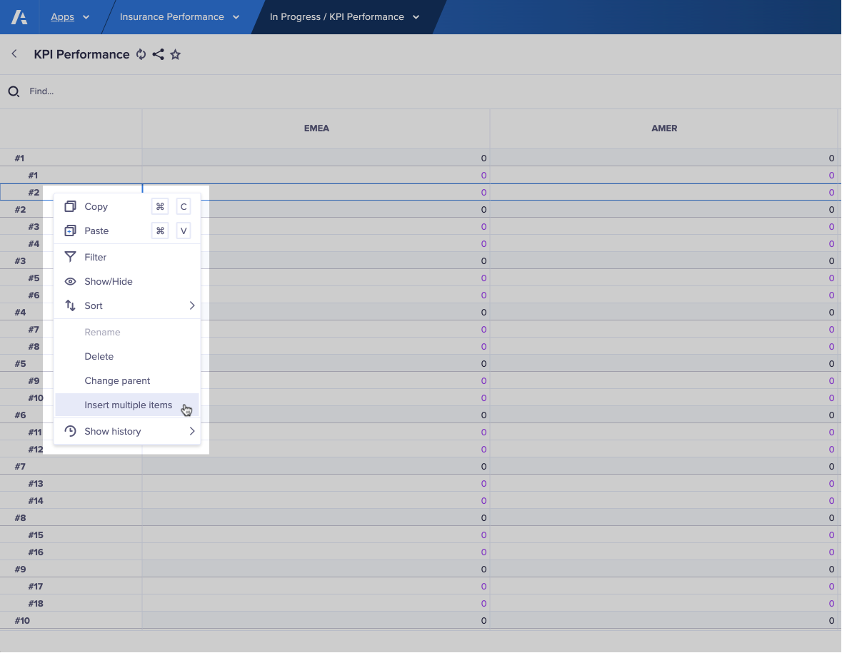 A worksheet named KPI Performance with a hierarchical numbered list displayed on rows. A value has been selected and the worksheet context menu displays, with the mouse cursor over Insert multiple items.