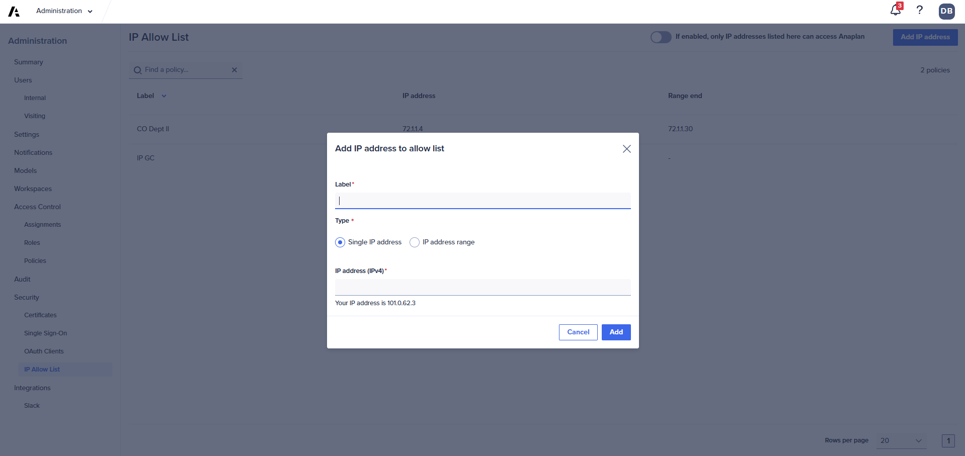 This image shows the Add IP address to allow list dialog. You can add a single IP address or IP address range in this dialog.