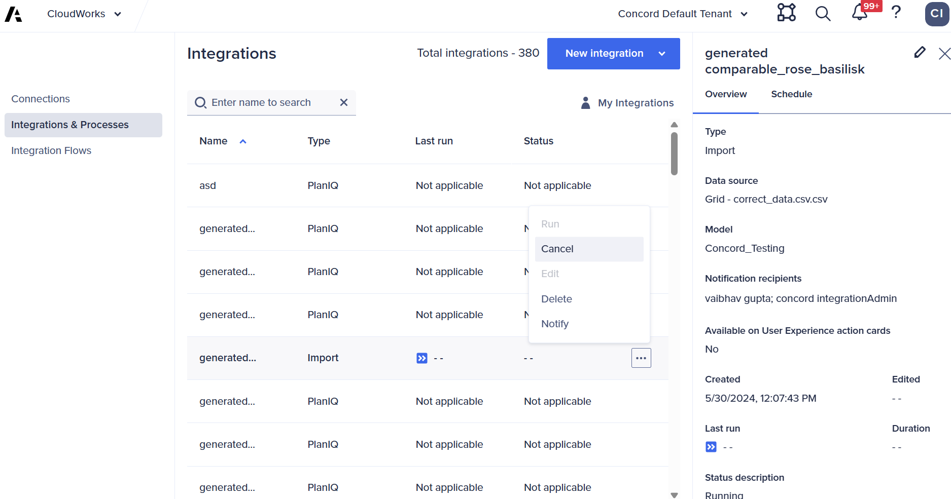 The pop-up menu for a CloudWorks integration. The Cancel option is highlighted.