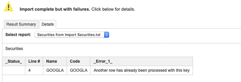 A screenshot that shows how the Details tab displays the failure message because line 3 was already processed.