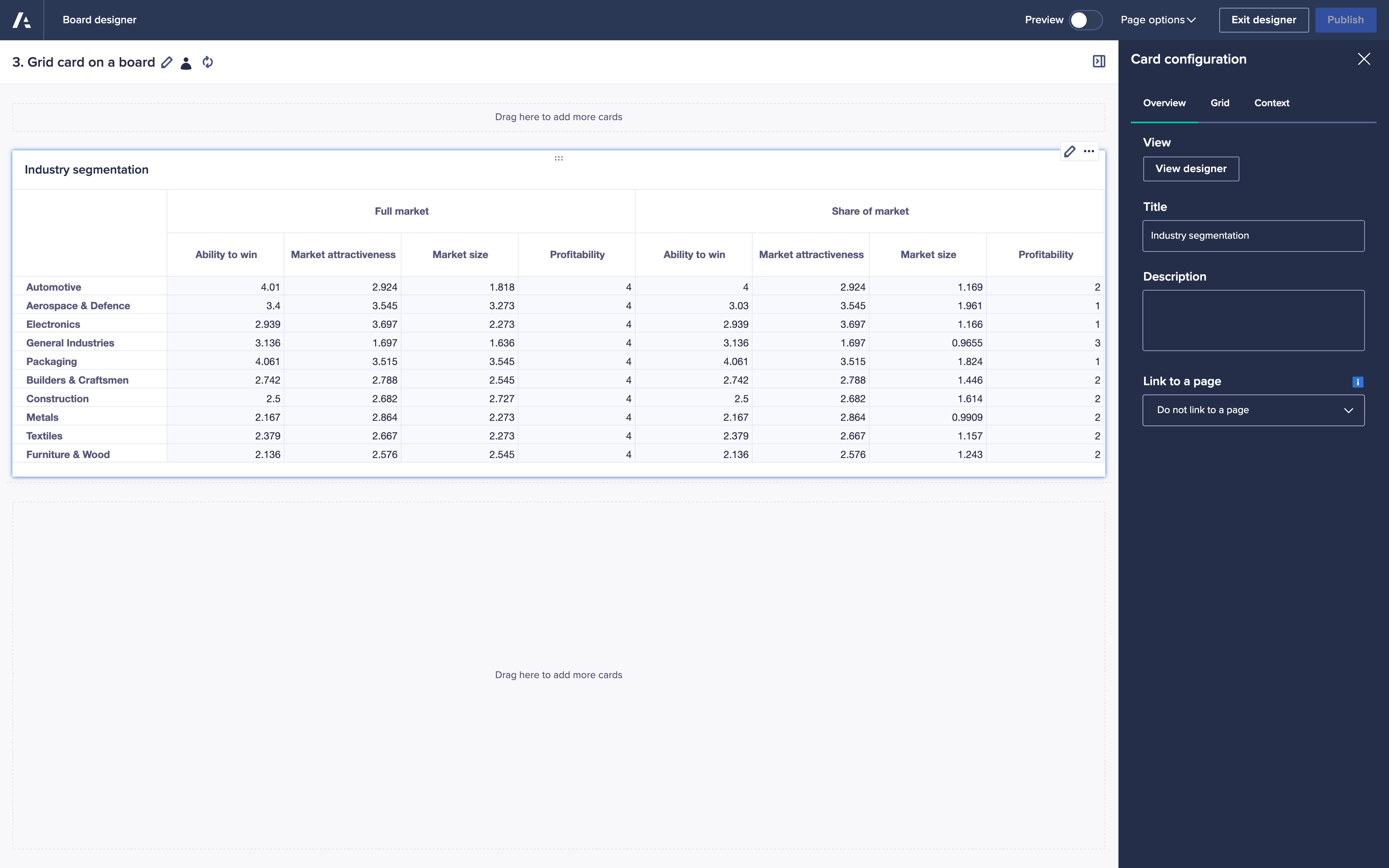A grid card displays data in design mode. On the right-hand side, the card configuration panel shows configuration options.