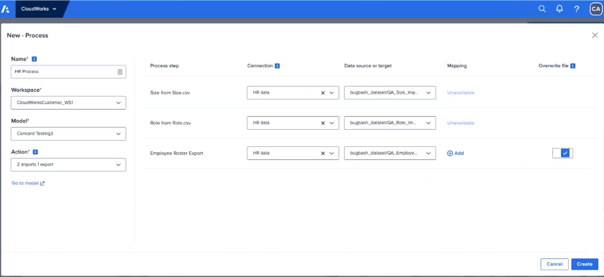 New process dialog. This example shows Google Big Query, with an export included.