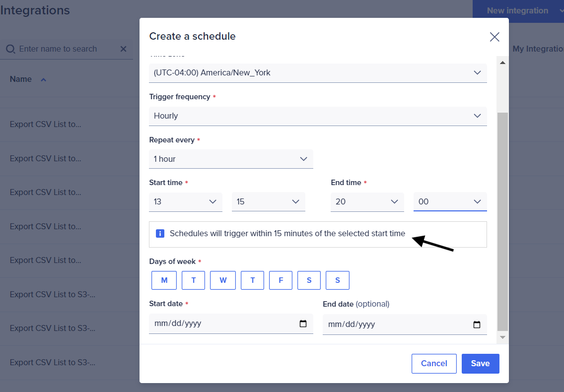 The menu to schedule an integration. There's a warning that "Schedules will trigger within 15 minutes of the selected start time."