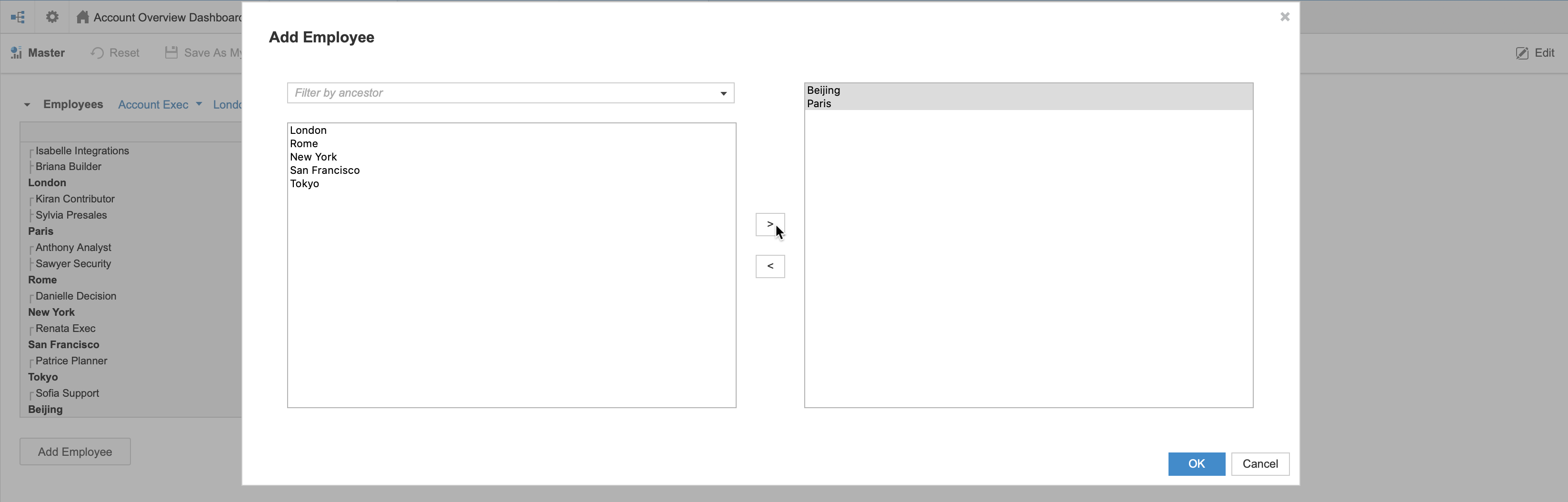 The dialog box that opens so users can select parents when you configure a Create action to prompt for parents. A list of parents displays on the left and selected parents display on the right. Arrows between the two fields enable you to select and deselect parents.