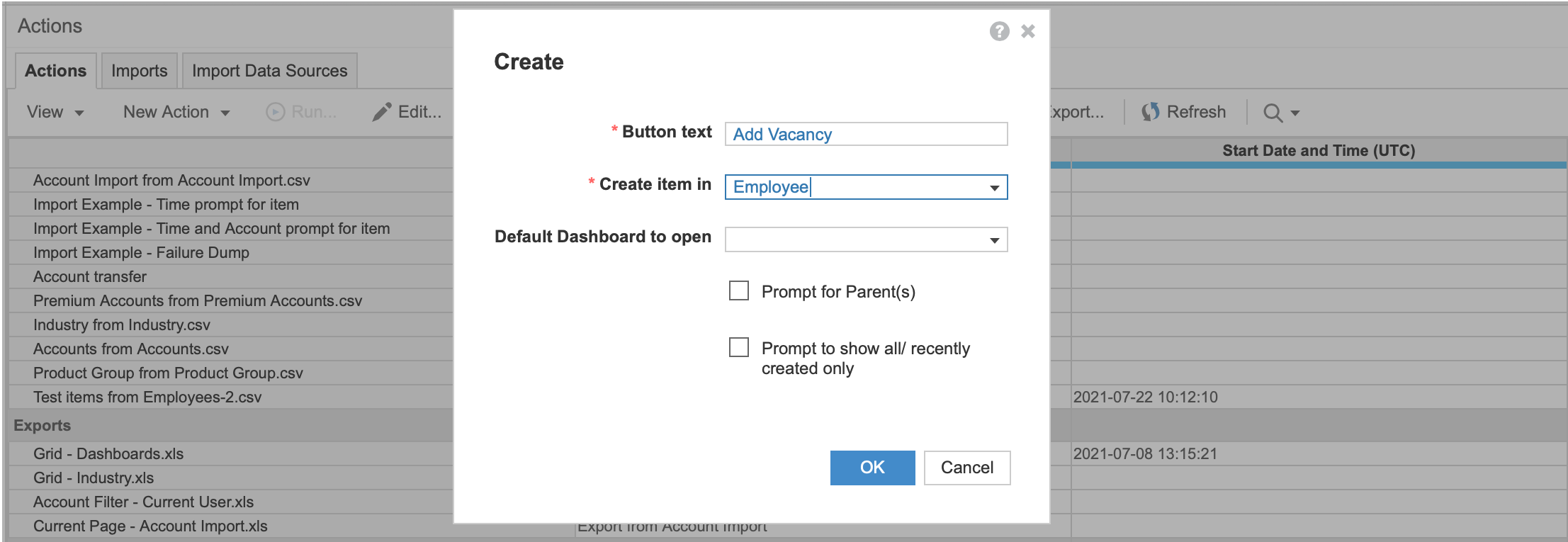 The Actions pane with the Create action dialog open. In the Button text field, the label Add Vacancy has been entered. Employee is selected in the Create item in dropdown. The other fields are blank.