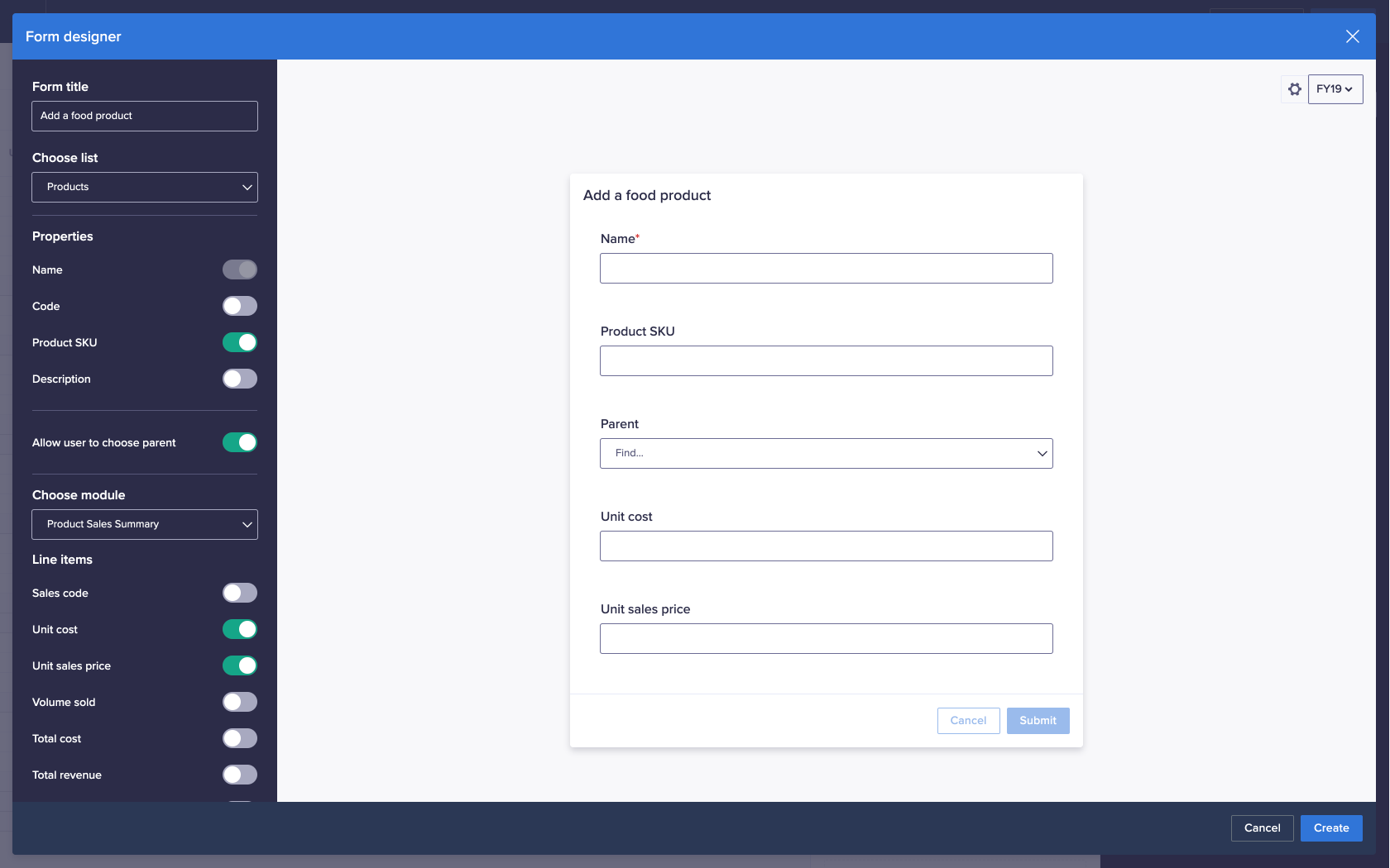 The Form designer dialog. The form being designed is named Add a food product and contains fields for the list item name, list properties, to select the parent of the list item, and to enter line item values.
