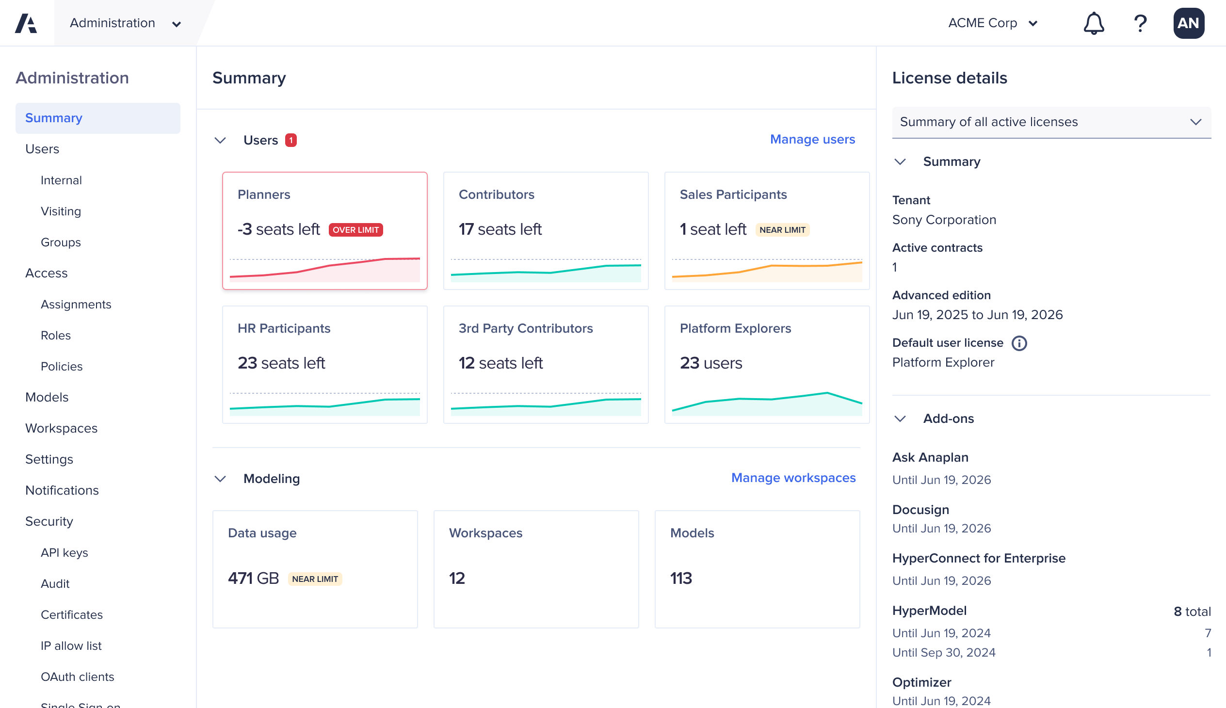 The Administration Summary page with the Add-ons section expanded in the right-side panel.