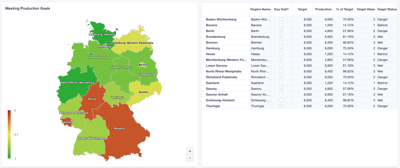 A map card on the left shows color-coded regions, according to data contained to the grid card on the right