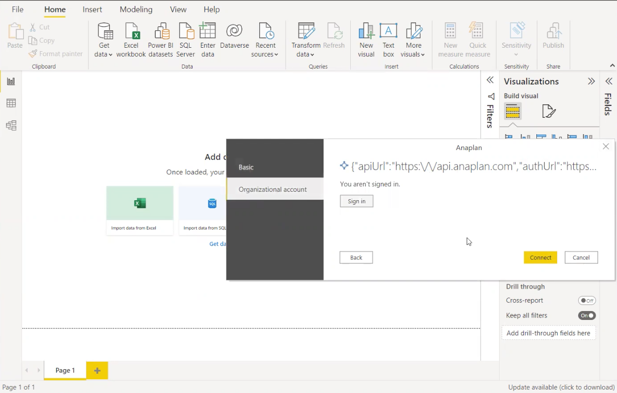 The Connect dialog for the Anaplan Power BI connector.