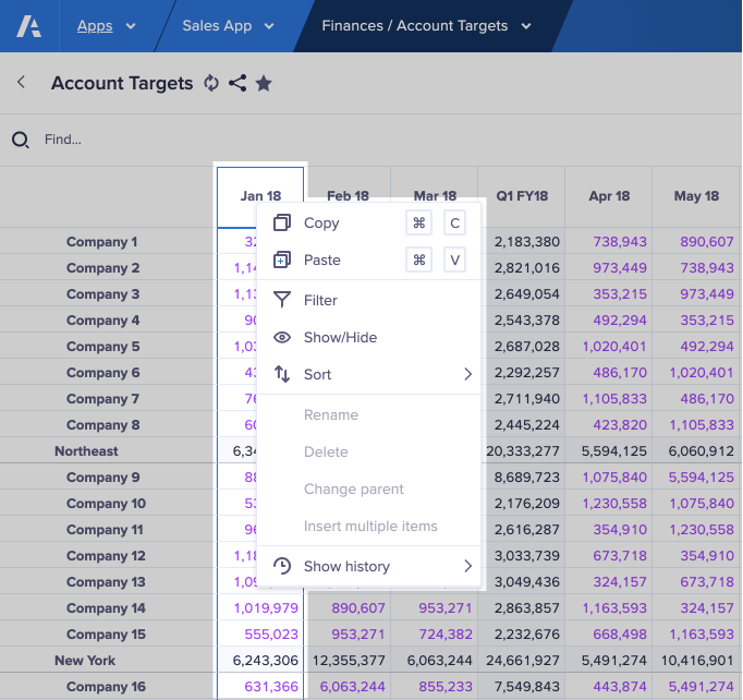 The worksheet context menu displays on a worksheet named Account Targets. The menu contains 10 items, displayed vertically: Copy, Paste, Filter, Show/Hide, Sort, Rename, Delete, Change parent, Insert multiple items, and Show History.