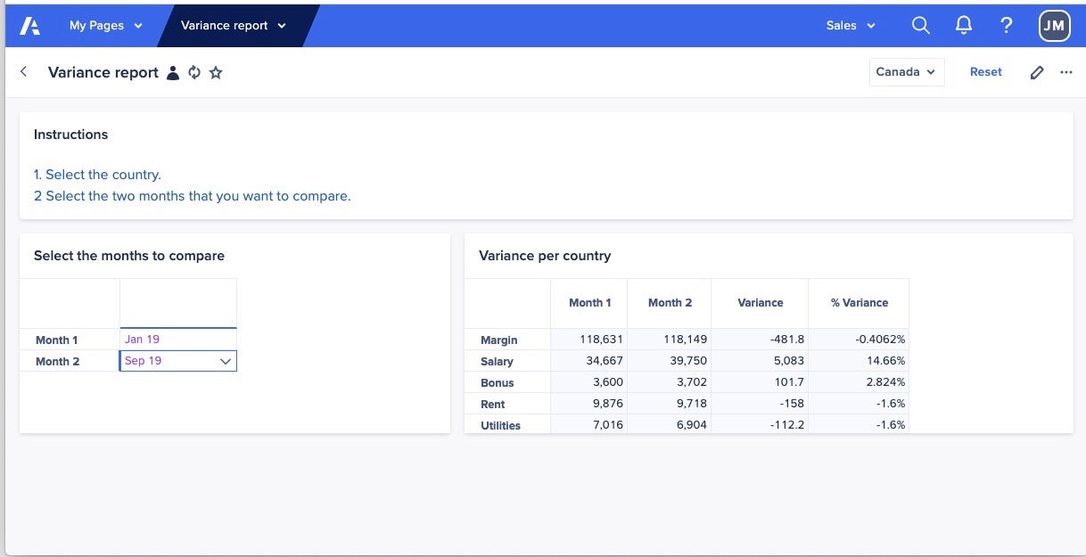 二つのカードが表示されているボード。一つ目のカードでは比較対象の月 (「Month 1」と「Month 2」) を選択できます。二つ目のカードには、「Margin」、「Salary」、「Bonus」、「Rent」、「Utilities」の「Month 1」と「Month 2」の値、およびその差異が表示されています。