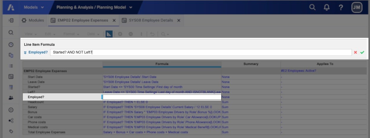 Formula bar and a line item that is referred to in the formula bar.