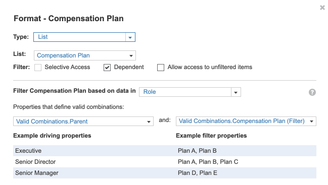 The image displays the Format dialog for the filter line item. It shows valid combinations between list items in the driver list, and list items in the filter list.