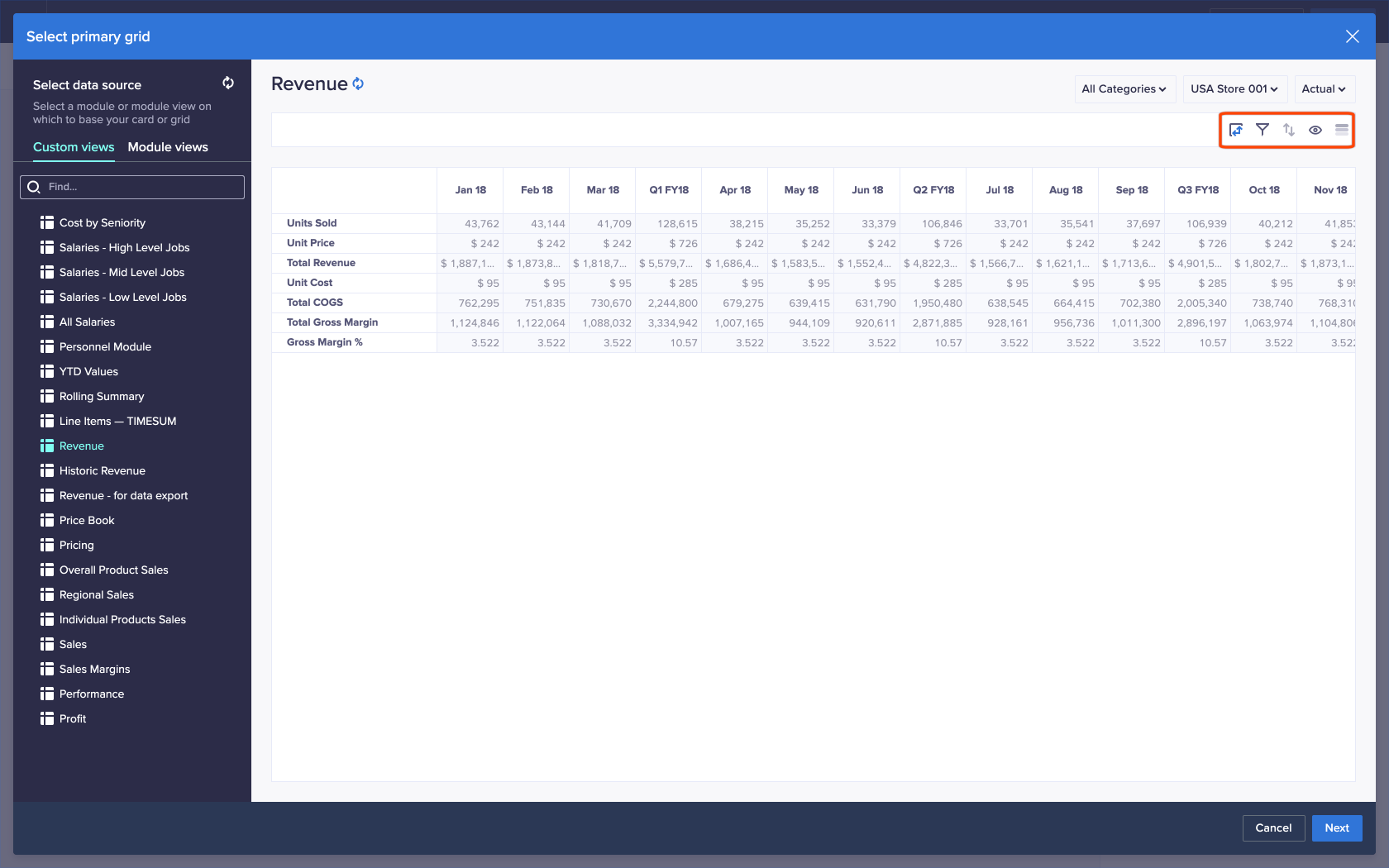The Select primary grid dialog with the Custom views tab selected, and the Revenue module within that. The module displays on the right of the screen, and the toolbar containing functions that enable you to design a view is highlighted in red at the top right.