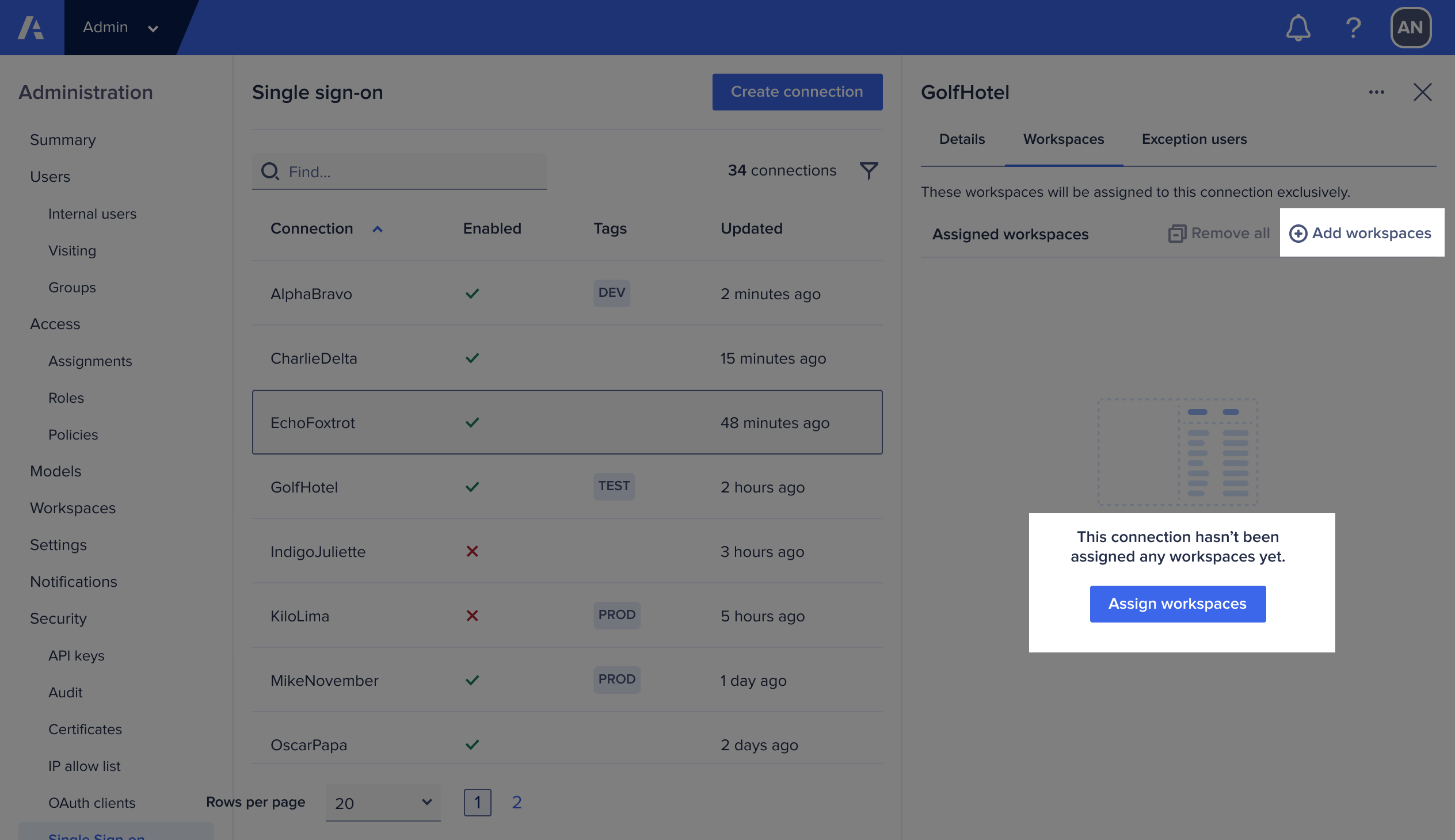 This image shows where you can add workspaces for SSO connections.