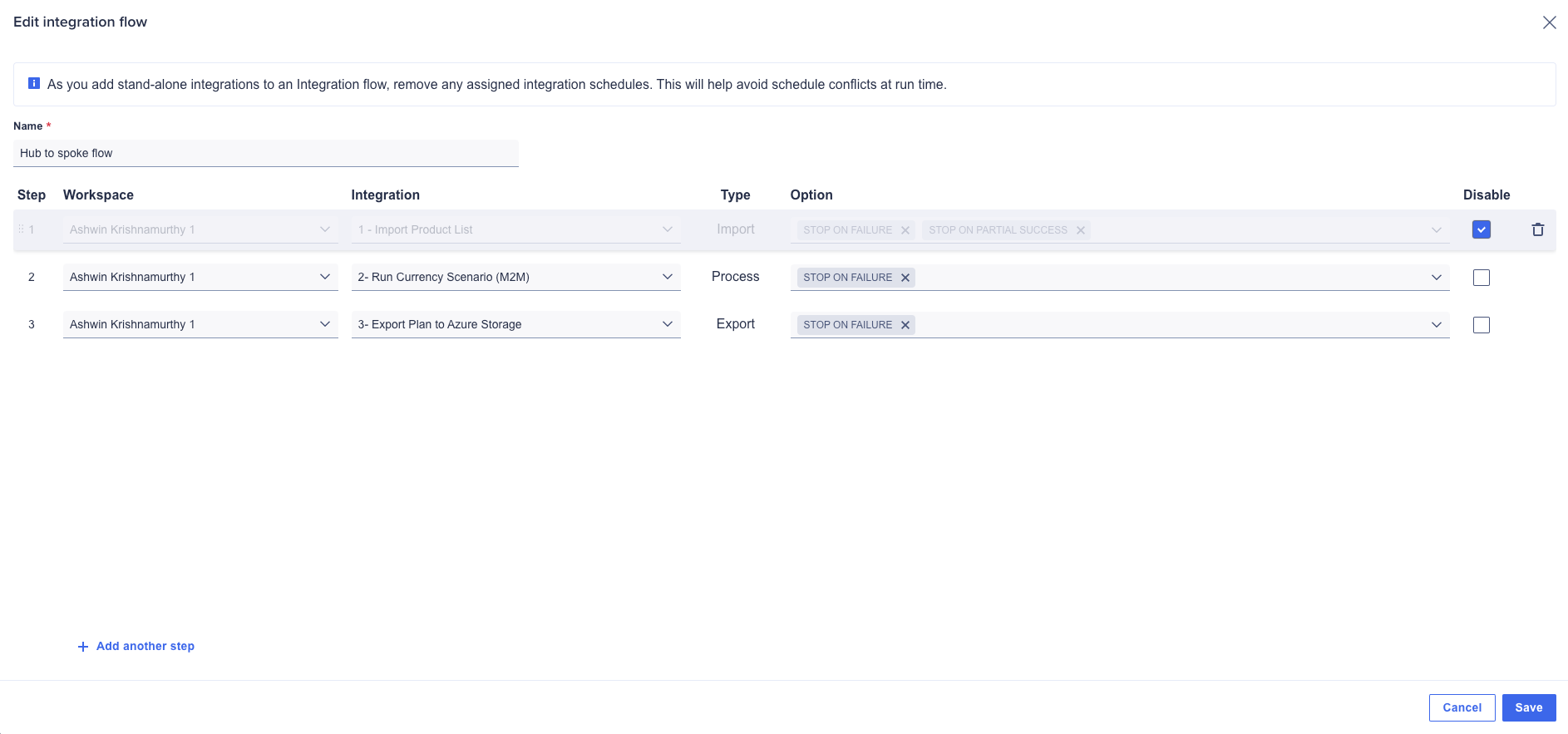 Edit integration flow dialog. Stop the flow or disable it to skip to the next step.