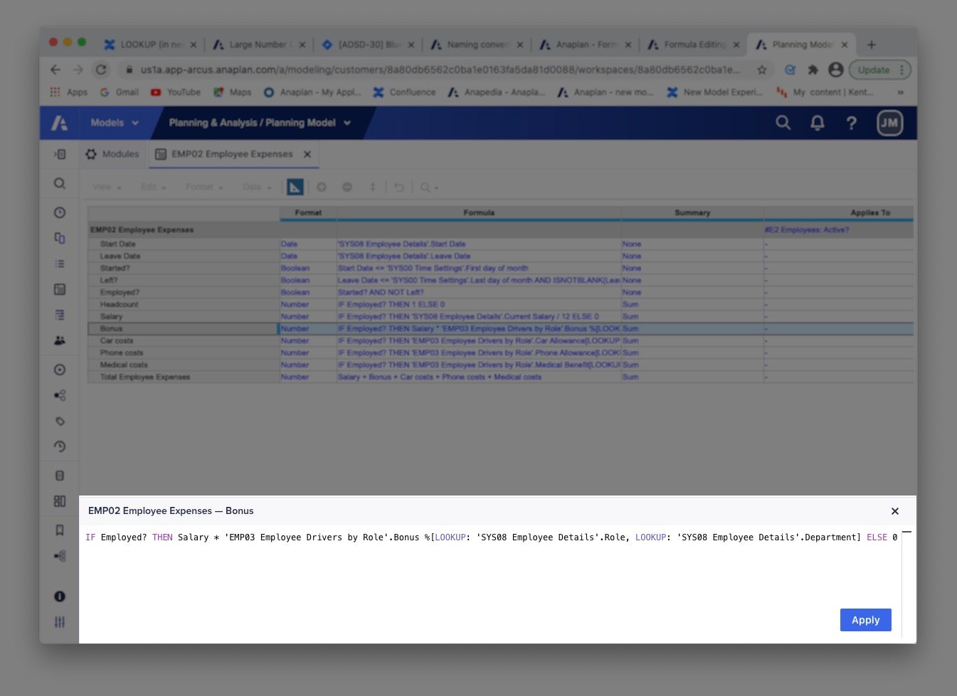 The formula editor opens in a pane at the bottom of Anaplan