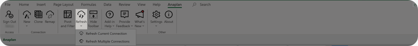 Refresh and Refresh dropdown menu from the Anaplan ribbon.
