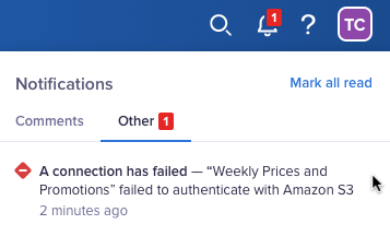 Email that Amazon S3 authentication failed.