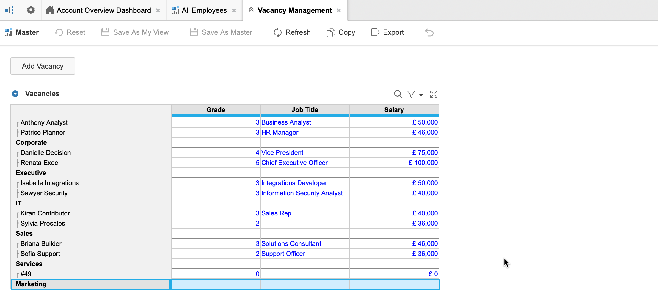 行に「Employee」リストがある「Vacancies」グリッドが表示された「Vacancy Management」ダッシュボード。各部門がリストで親として表示されており、「Marketing」が選択されています。新しい番号付きアイテムが「Marketing」の子として表示されています。