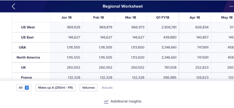 Regional Worksheet in landscape mode. Regions display on rows. Time displays on columns.