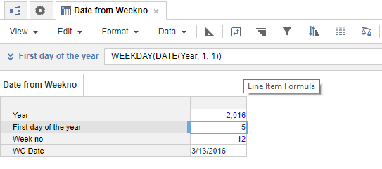 モジュールがブループリント モードで表示されており、週番号に基づく週の開始日の計算結果があります。