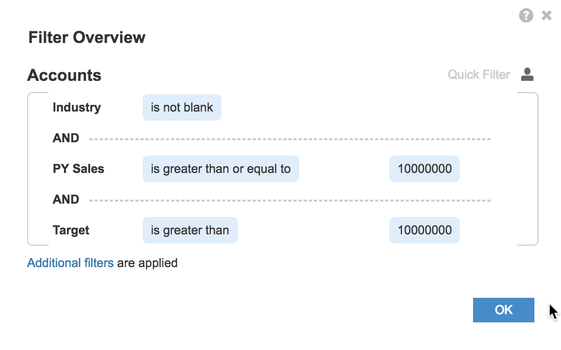 Filter overview dialog