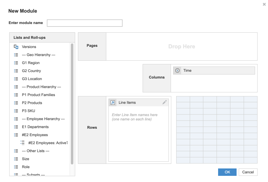 The image shows the Create Module dialog. On the left, you can drag lists into Pages, Columns, or Rows. On the right, you can choose your dimensions for the module.