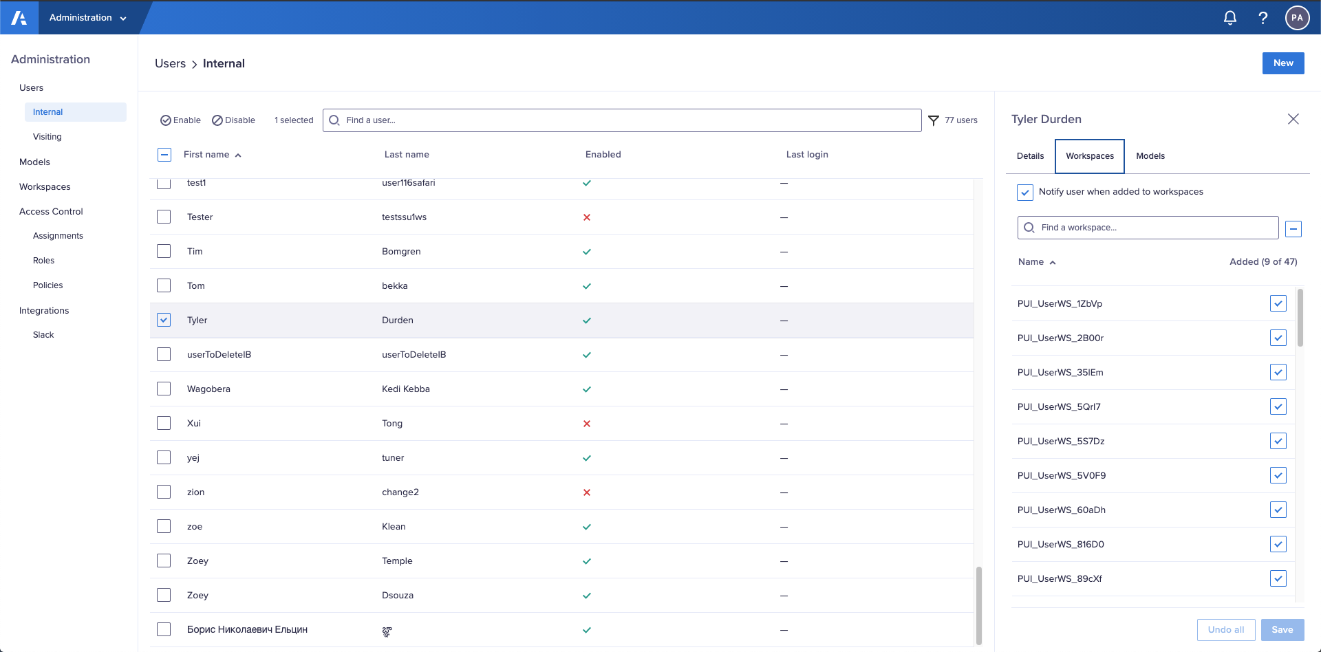 The Workspaces tab for a user selected in the Users > Internal interface in the Administration console.