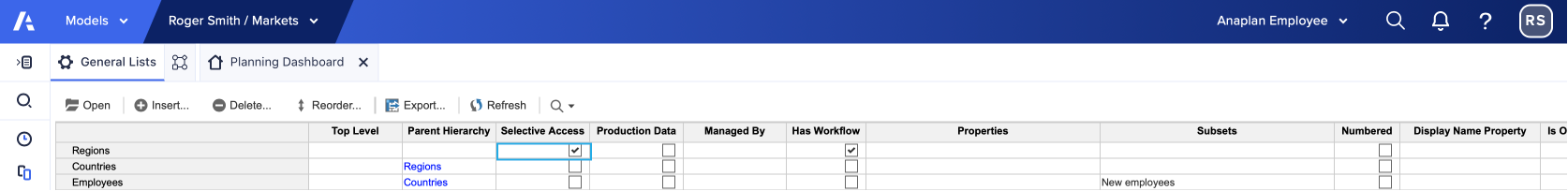 A model open to General Lists displays three lists: Regions, Countries, and Employees. In the column for Selective Access, the checkbox for Regions is selected and displays a checkmark