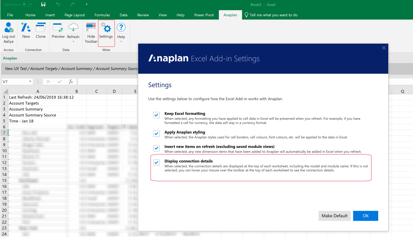 To display the connection details on your Excel spreadsheet, select the Display connection details checkmark box in the Anaplan Excel Add-in Settings and click OK. To remove the details from your worksheet, deselect the checkmark box and click OK.