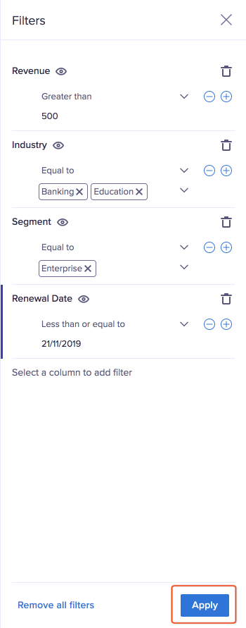 数値、テキスト、日付のデータ型のフィルター オプションがある [Filters] パネル。