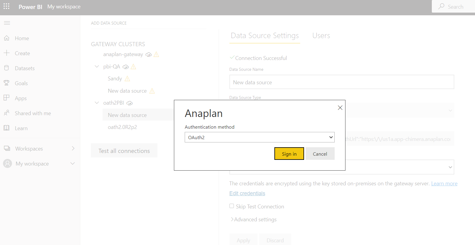 The Anaplan Authentication method dialog with a dropdown and Sign in button.