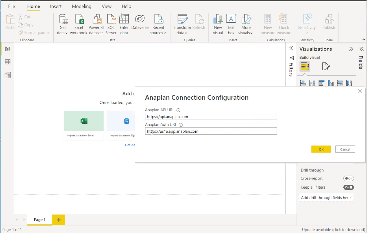 [Anaplan Connection Configuration] ダイアログ。