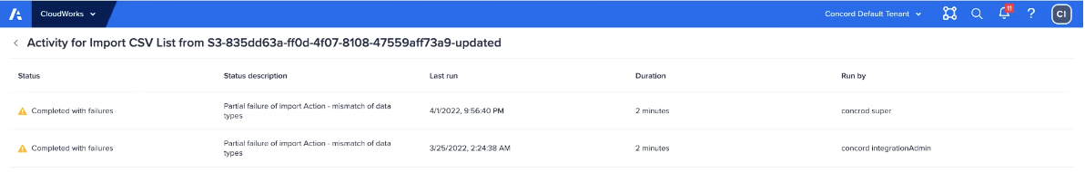 Two steps in an integration flow. Each has completed, but with failures. The status description shows Partial failure -- mismatch of data types.