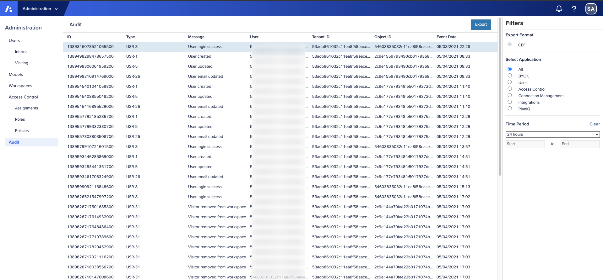 Anaplan Audit. The filter is set to show all events. The User column data is obfuscated. 