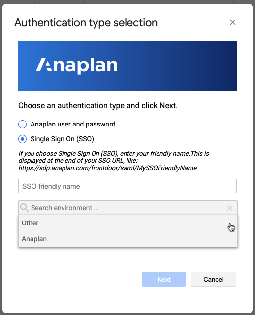 The Authentication type selection dialog. The drop-down menu beneath the SSO friendly name field has been clicked, so a list displays. The mouse cursor is hovered over the Other option.