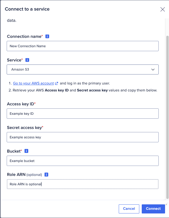 Dialog to connect to AWS S3.