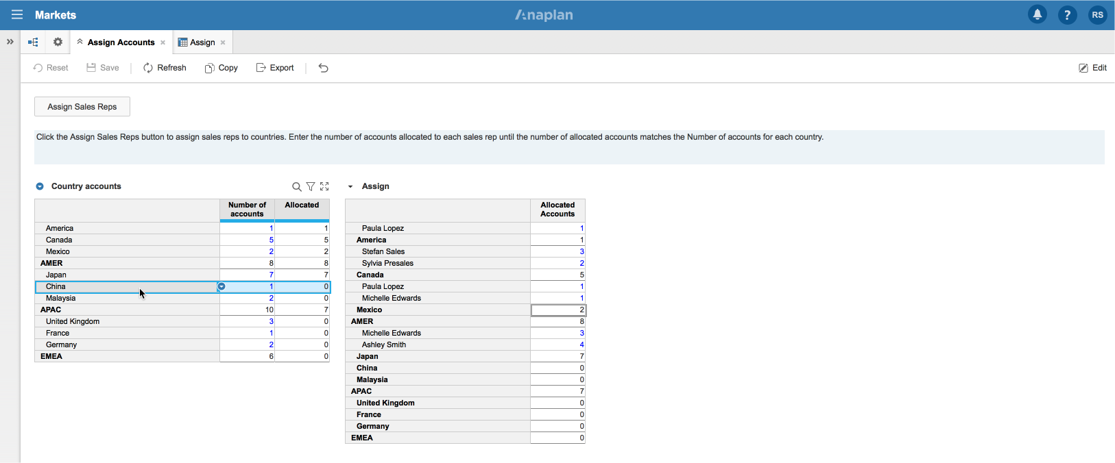 A dashboard that has an Assign Sales Reps button, a Country accounts grid, and an Assign grid. The Country list item China is selected in the Country accounts grid.