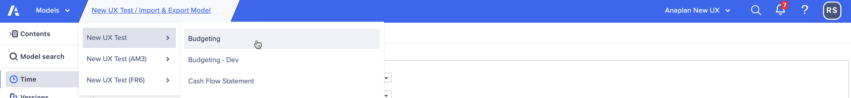 The Navigation bar with the workspace and model selected so available workspaces display beneath it. A workspace is highlighted, so a sub-menu displays the models within that workspace for selection.