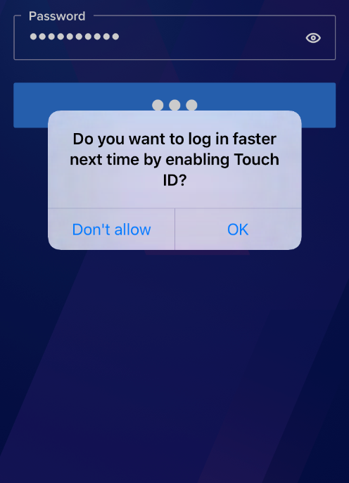 Login screen with Enable Touch ID dialog. There are two options: Don't allow and OK.
