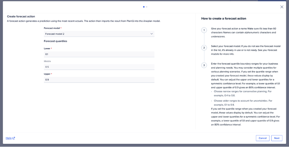 Dialog to create a forecast action.