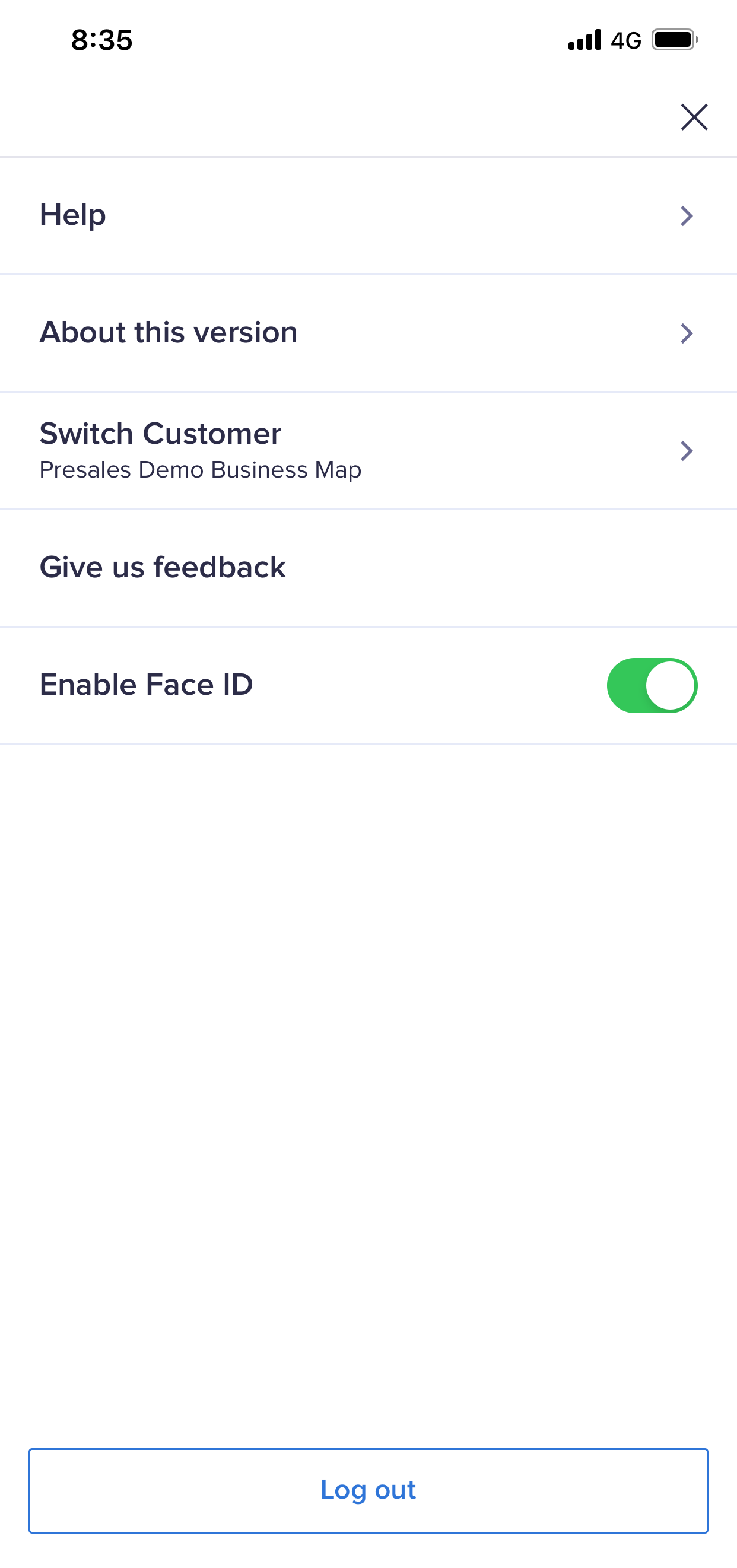Mobile menu screen with the Enable Face ID option toggled right. This means Face ID is enabled.