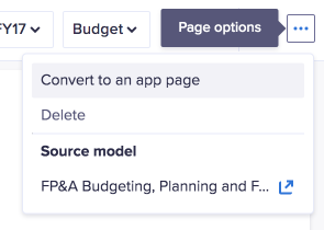 Page options drop-down. The Convert to an app page option displays at the top.