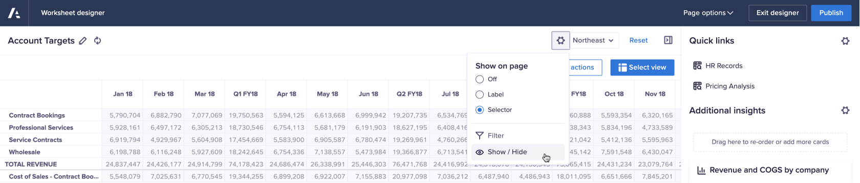 The cog icon to the left of a context selector has been clicked. A drop-down menu displaying radio buttons for Off, Label, Selector, and options for Filter and Show / Hide display.